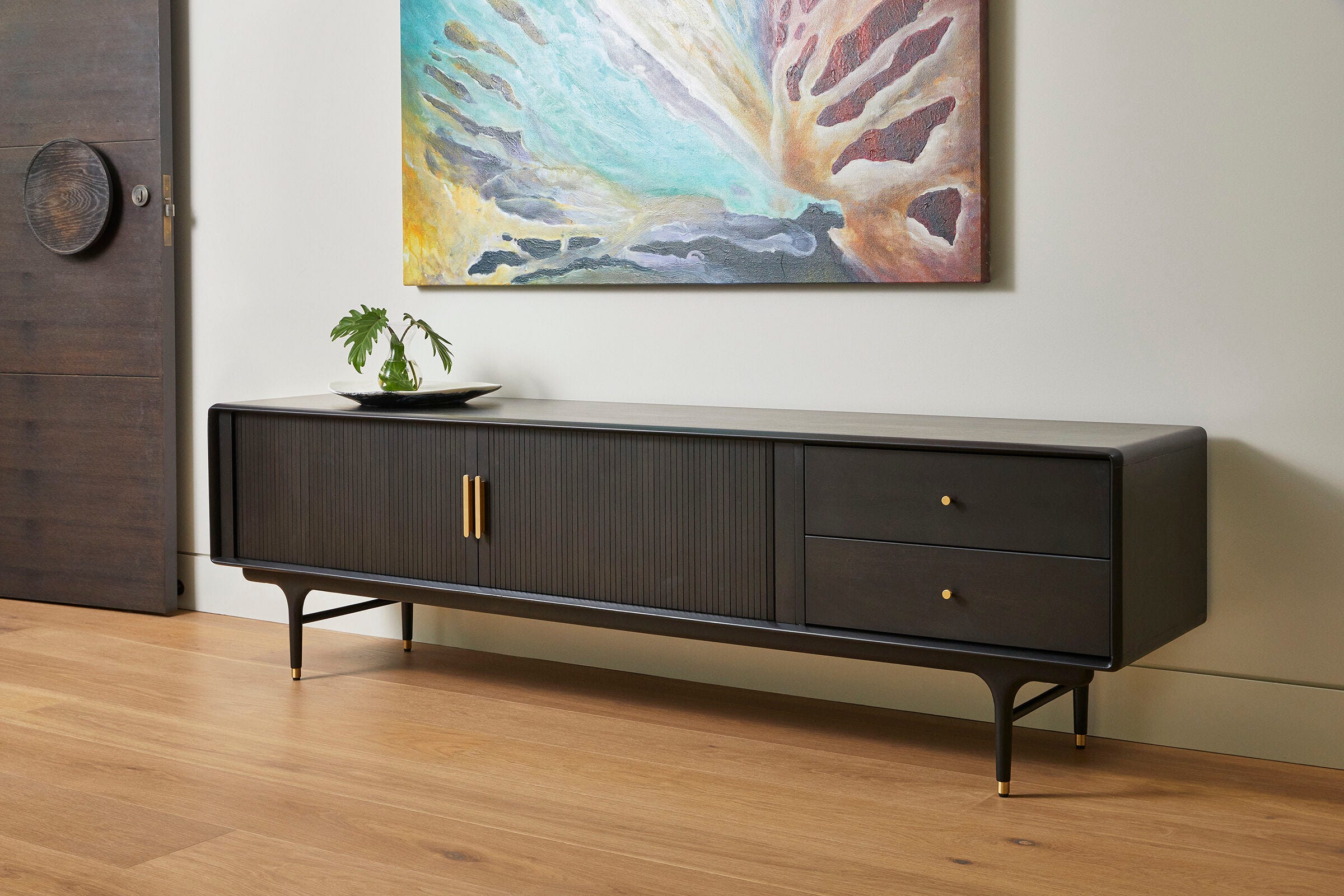 Manhattan TV Unit | Poplar Timber | Black Stain | Gold Accents