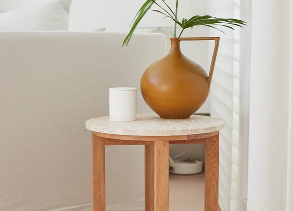 Bronte Side Table Travertine Top Up Close Style Shoot
