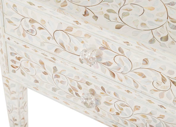 Portia Mother of Pearl Bedside Table White Drawer Angle Up Close