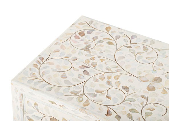 Portia Mother of Pearl Bedside Table White Top Up Close Angle