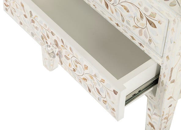 Portia Mother of Pearl Bedside Table White Drawers Up Close Open