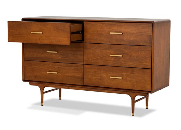 Manhattan 6 Drawer Dresser Walnut Angle Open Drawer