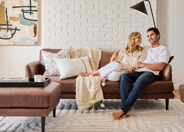 Alice 2 Seat Sofa & Ottoman Phoenix Tan Lifestyle Shoot