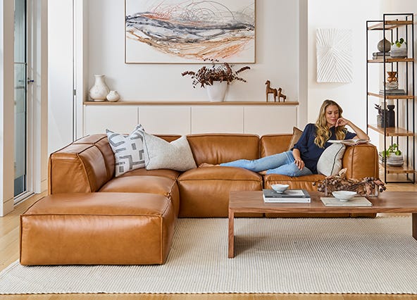Linden Leather Left Chaise Sofa Ranch Tan Front Style Shoot