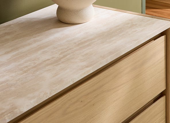 Hallie 3 Chest of Drawers Travertine Top Up Close