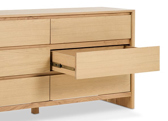 Hallie 6 Chest of Drawers Oak Angle Up Close Open Drawer